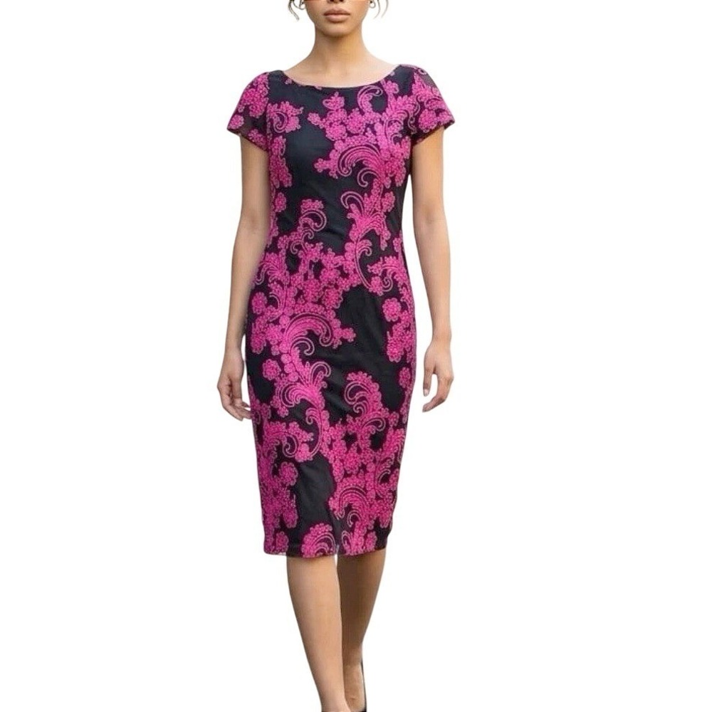 JS Collections Soutache Embroidered Sheath Dress Navy Pink Floral V-Back 10